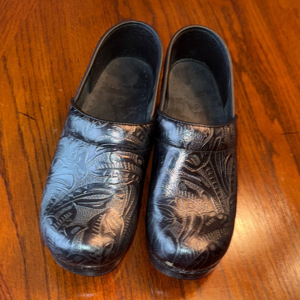 Dansko Black Paisley Print Embossed Clogs